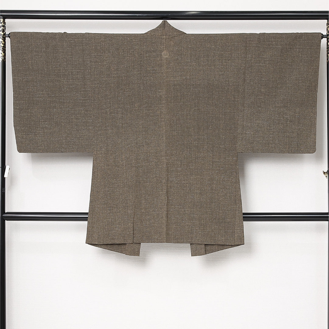 男着物 袷 身丈90cm 裄丈66cm 正絹 Cランク 一つ紋 (丸に抱き茗荷) セミフォーマル 棒衿 XSサイズ 無地 緑系 LP 1224-13021