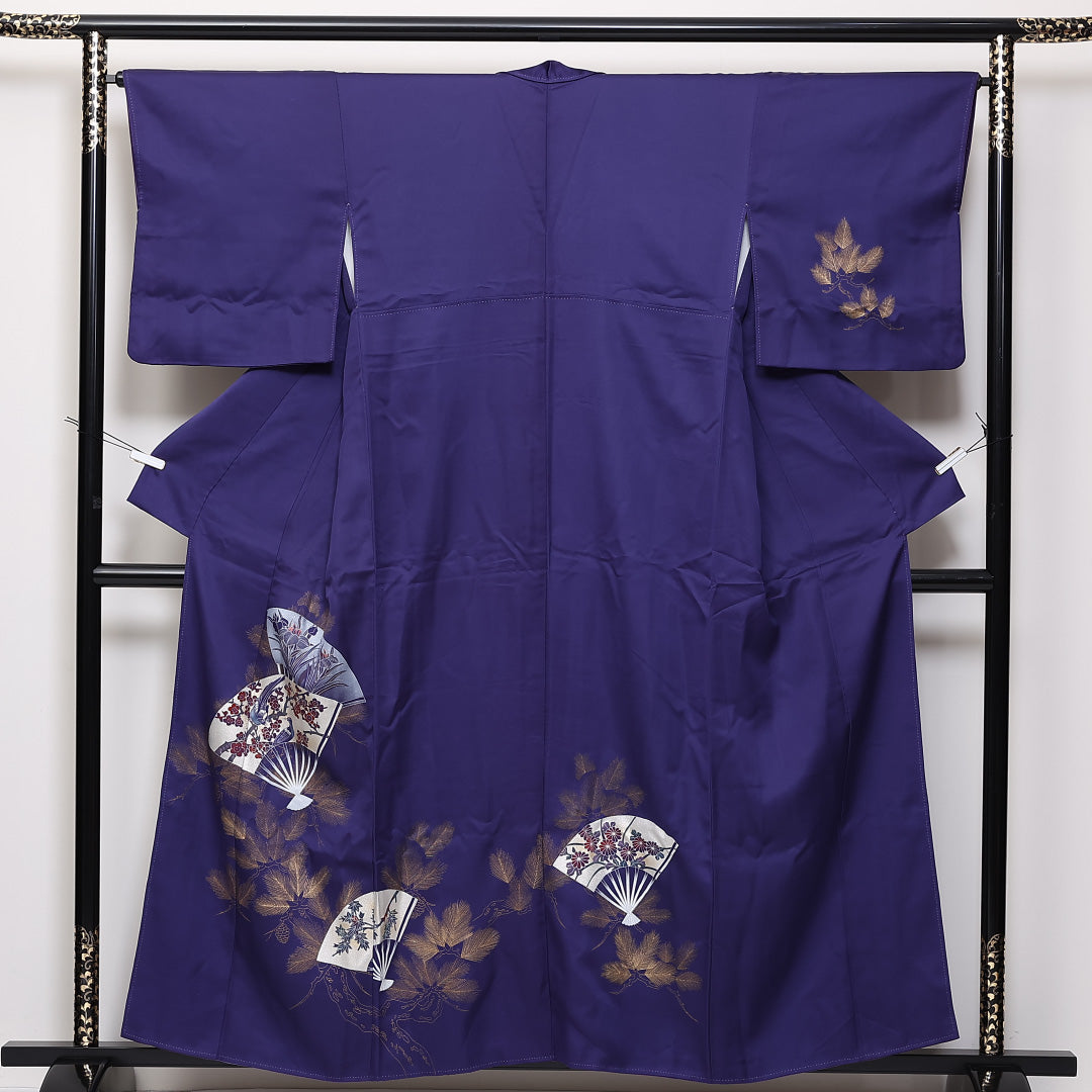 訪問着 袷 身丈158cm 裄64.5cm 正絹 金彩 扇子 鴛鴦 菖蒲 箔 松 Aランク 1212-00697