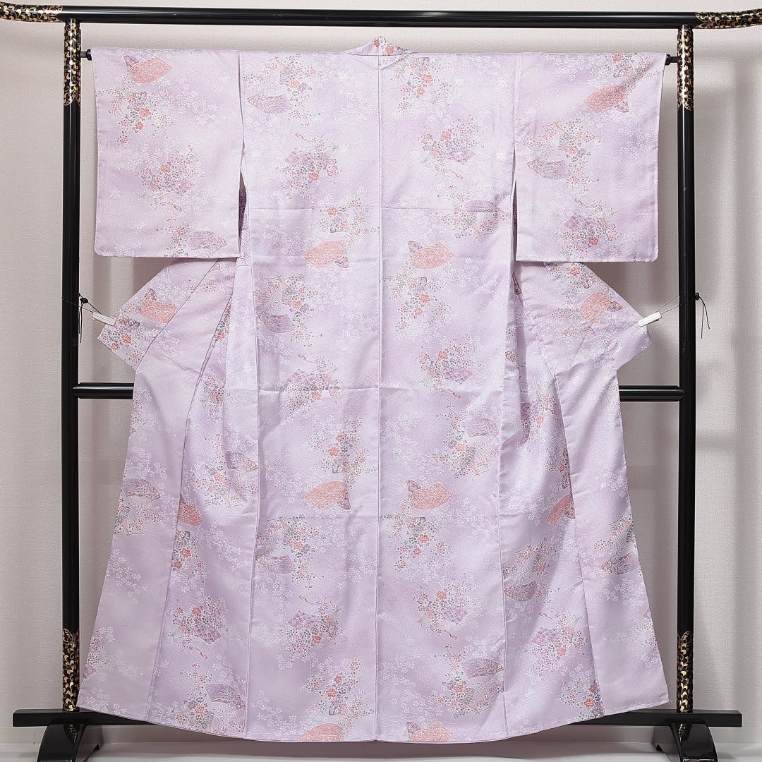 小紋 洗える着物 袷 身丈159cm 裄丈64cm ポリエステル Sランク Mサイズ 広衿 インフォーマル 扇 橘 しつけ糸 紫系 1215-14819