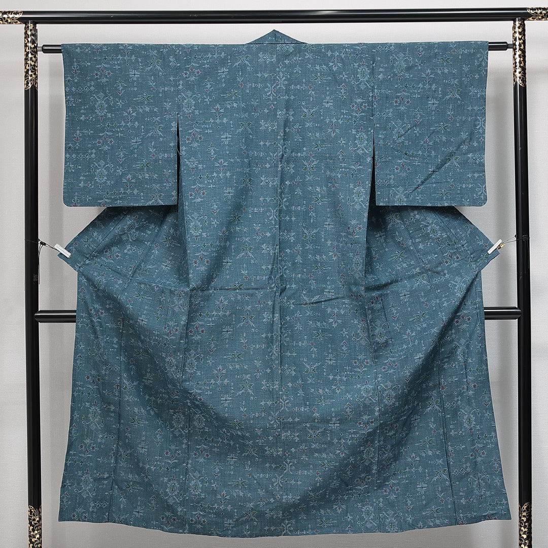紬 単衣 身丈140cm 裄丈61cm 正絹 Aランク カジュアル バチ衿 XSサイズ 植物柄 創作柄 青系 RP 1223-14792