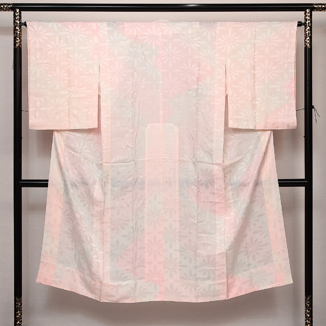 長襦袢 無双袖 身丈139cm 裄丈64cm 正絹 Sランク 紋意匠 (菊) 2XLサイズ 居敷当て ピンク系 RP 1239-14044