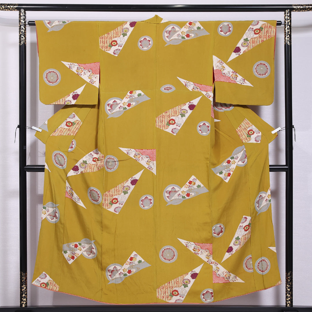 アンティーク 小紋 袷 身丈150cm 裄丈62cm 正絹 Bランク バチ衿 Sサイズ 花柄 紅葉 黄系 M4 1221-11787