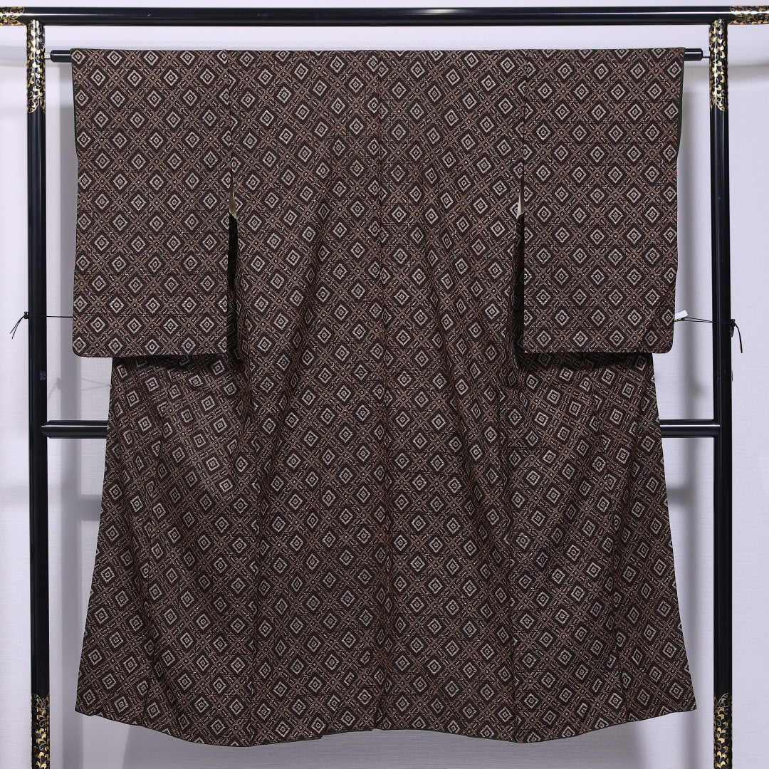 アンティーク 紬 袷 身丈146cm 裄丈62cm 正絹 Bランク 広衿 XSサイズ 菱 茶系 M4 1223-11604