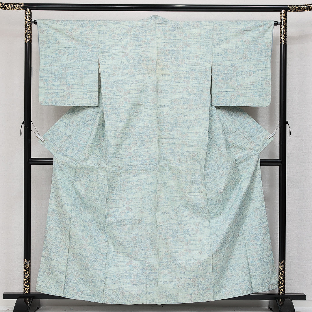 紬 袷 身丈160cm 裄丈64cm 正絹 Cランク カジュアル 広衿 Lサイズ 花柄 水色系 HP 1223-14362