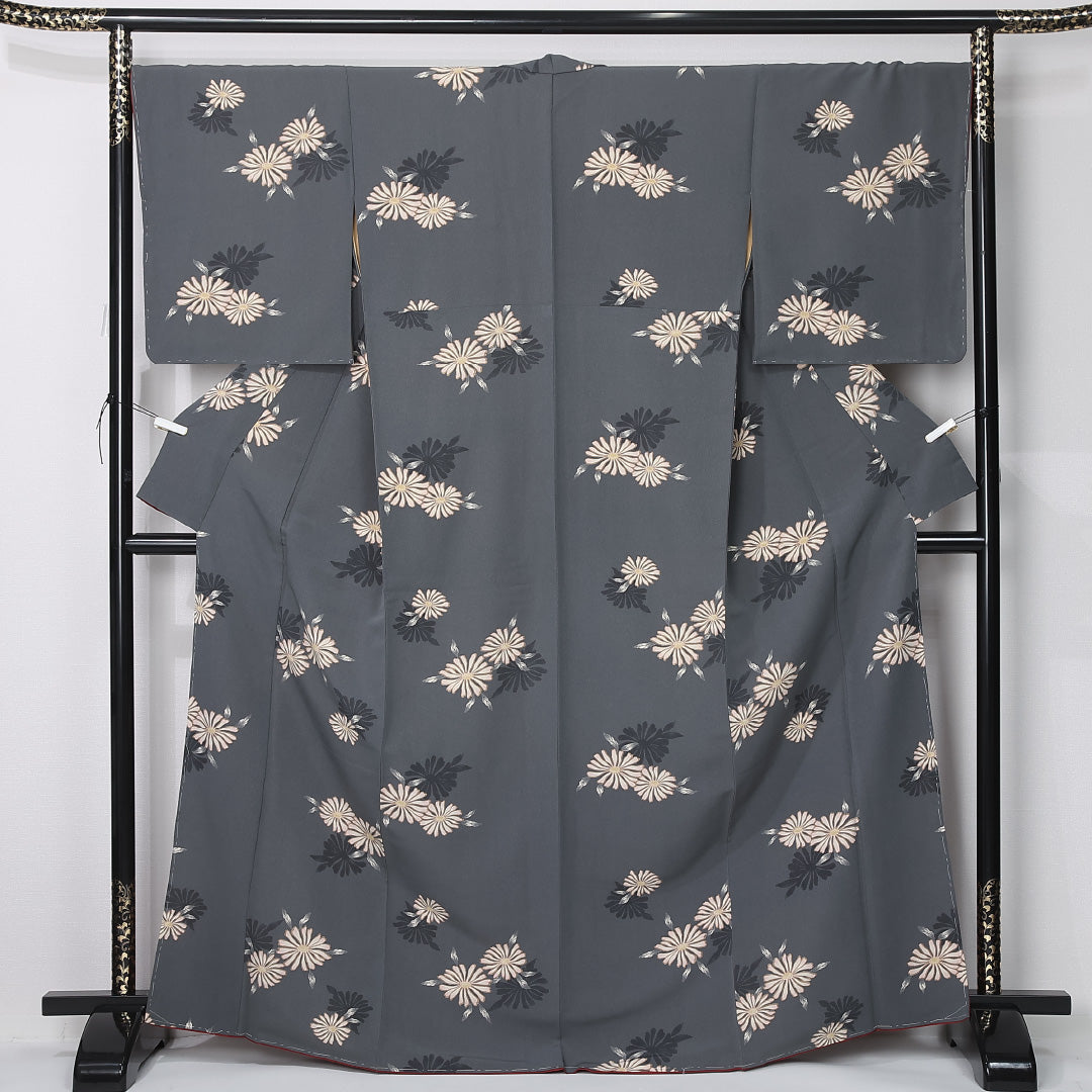 小紋 身丈168cm 裄丈67.5cm Sランク XL ポリエステル 洗える着物 袷 広衿 Kansai 菊 カジュアル グレー系 1215-12396