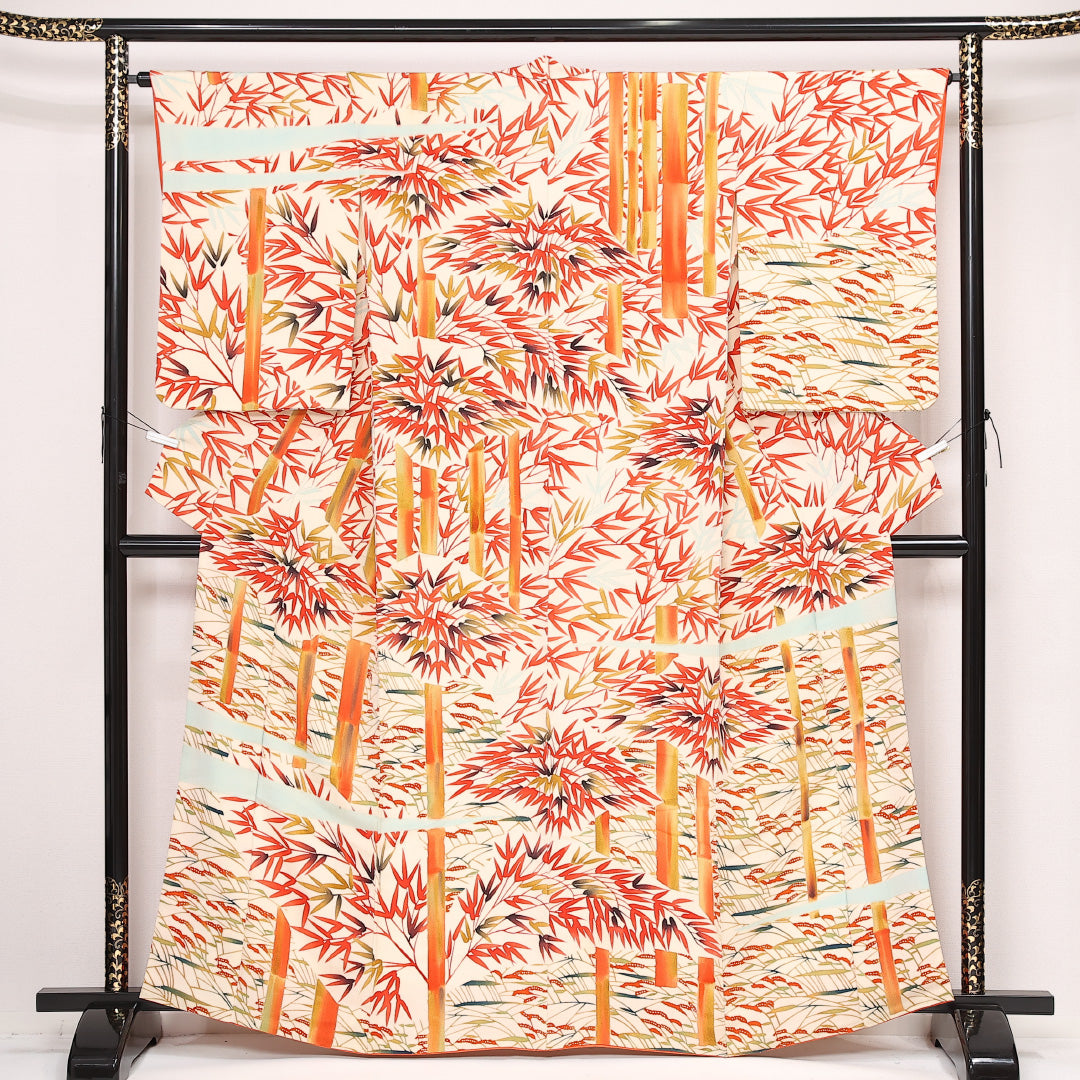 小紋 袷 身丈161cm 裄丈63cm 正絹 Aランク インフォーマル 広衿 Lサイズ 笹 クリーム系 HP 1221-13390