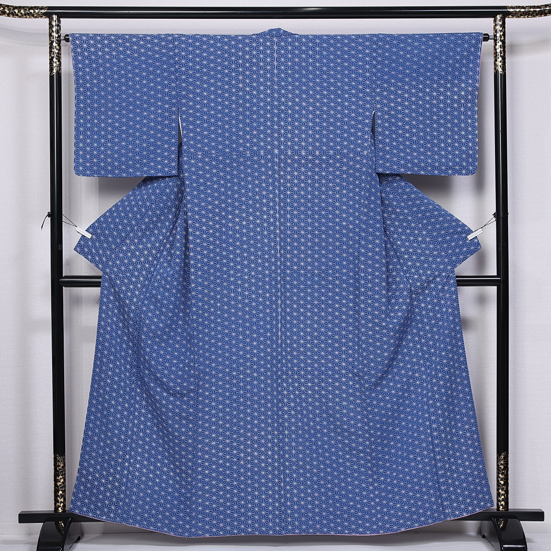 洗える着物 小紋 袷 身丈160cm 裄丈63cm ポリエステル Sランク インフォーマル 広衿 Lサイズ 麻の葉 青系 RP 1221-11260