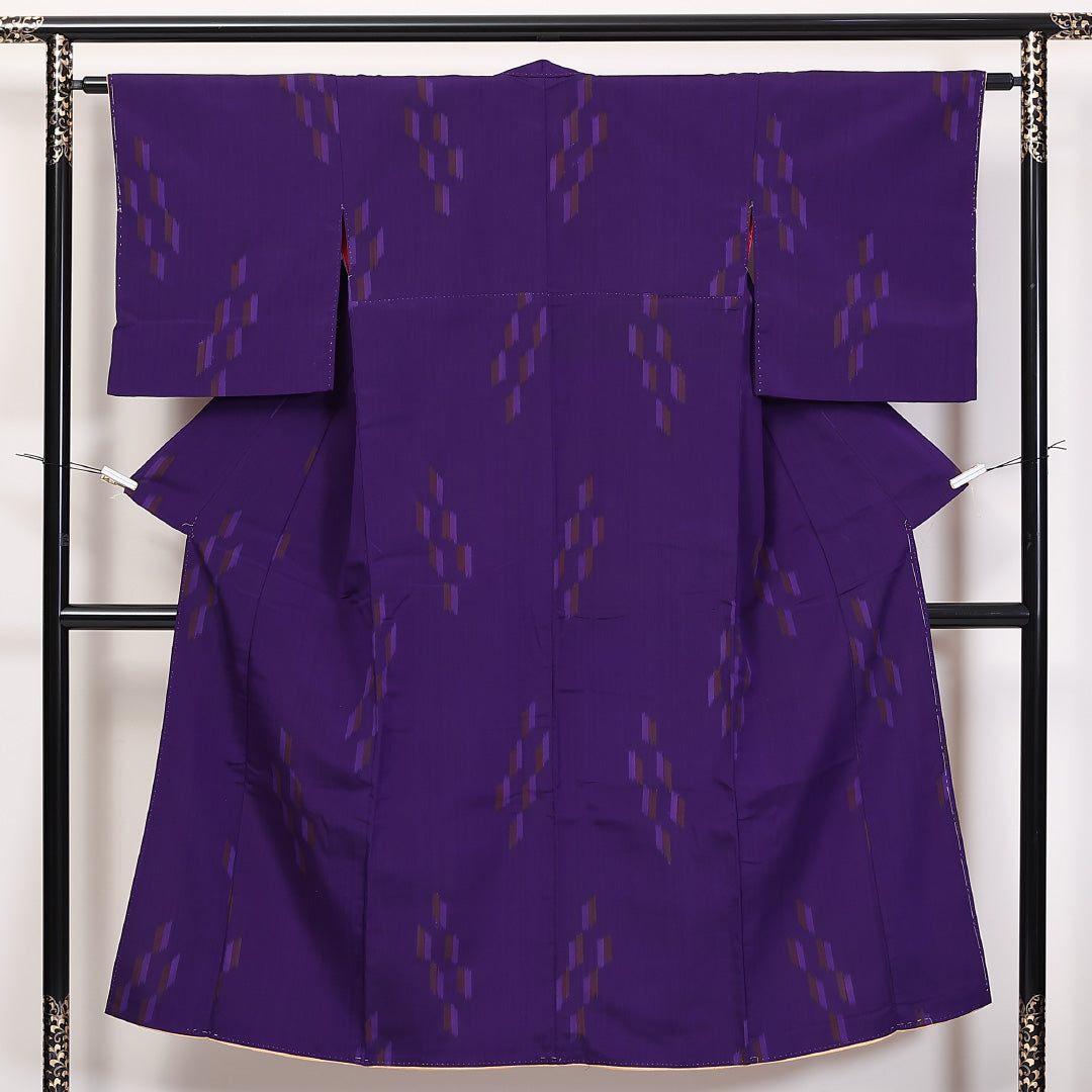 アンティーク着物】 お召 紬 絣 紫系 正絹 広衿 袷 身丈140～149cm A 