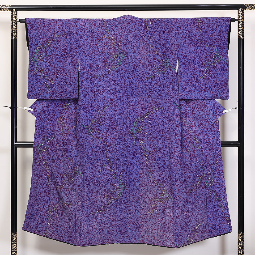 アンティーク着物】 小紋 紫系 正絹 バチ衿 袷 身丈140～149cm Cランク 