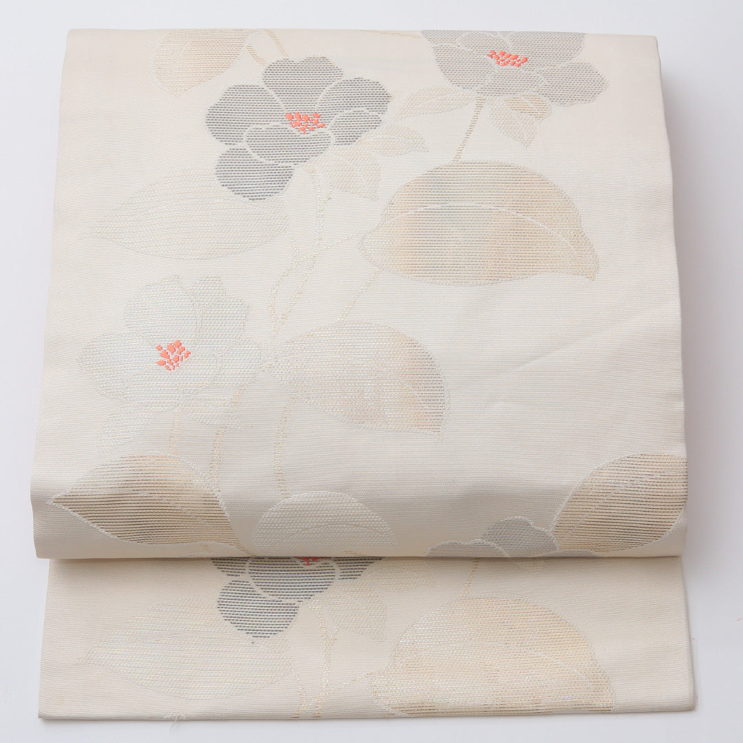 夏物 名古屋帯 六通 帯丈364cm カジュアル Cランク 正絹 椿 クリーム系 1224-02038