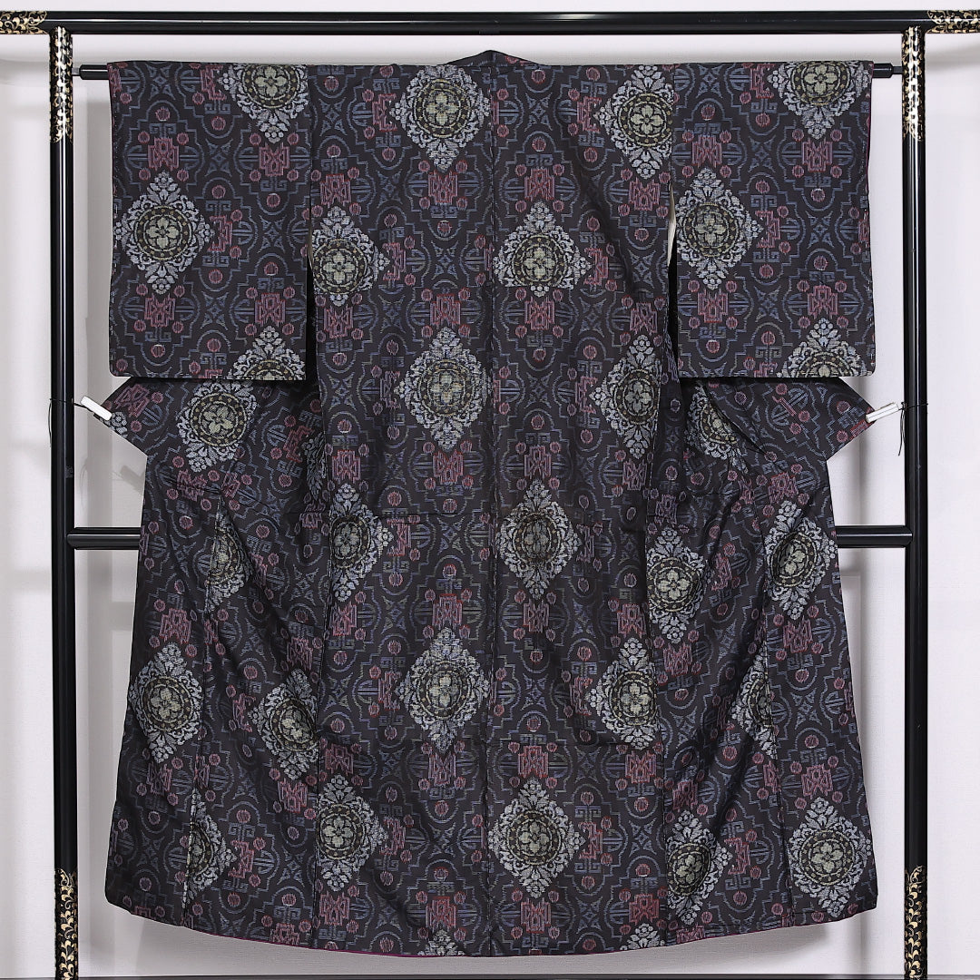 紬 袷 身丈150cm 裄62cm 正絹 アラベスク グレー系 Sランク 1216-01478