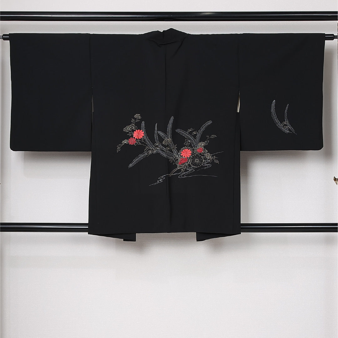 黒羽織 袷 身丈82cm 裄丈64cm 正絹 Cランク インフォーマル Mサイズ 花車 黒系 LP 1233-12841