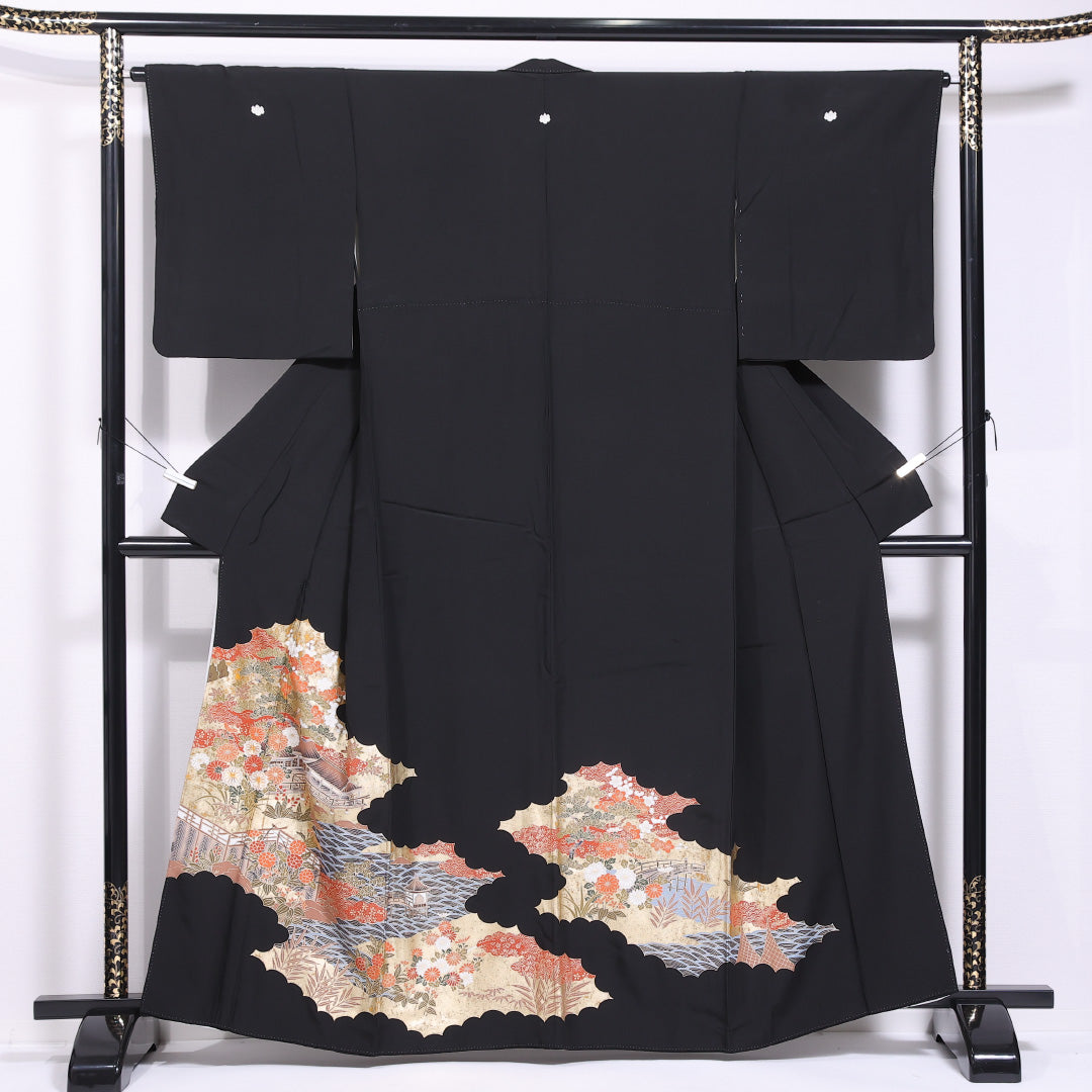 黒留袖 身丈161cm 裄丈65cm 袷 五つ紋 五三桐 正絹 Aランク 広衿 御所解 松竹梅 青海波 比翼仕立て 1211-F0426