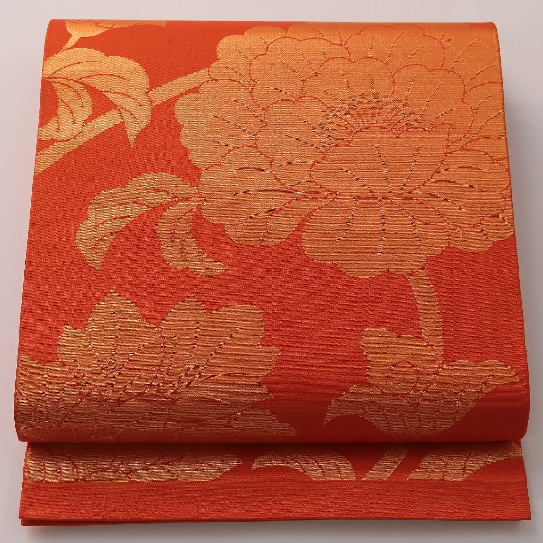 本袋帯 帯丈444cm フォーマル 全通 Sランク 正絹 唐華 蓮 朱系 1223-01894