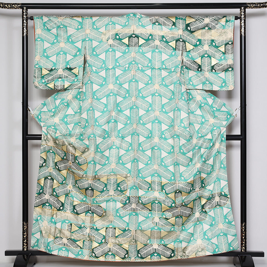 訪問着 着物 作家物 小鳥 手染 金駒刺繍 裄64.5 M～L 中古