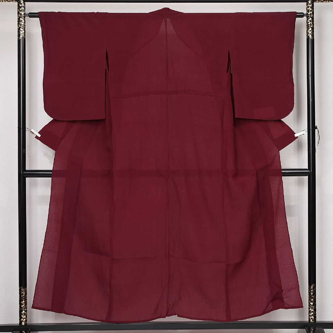 麻の紬 夏物 洗える着物 夏物 身丈153cm 裄丈59cm 麻 Aランク Sサイズ 広衿 カジュアル 無地 赤系 1216-10936