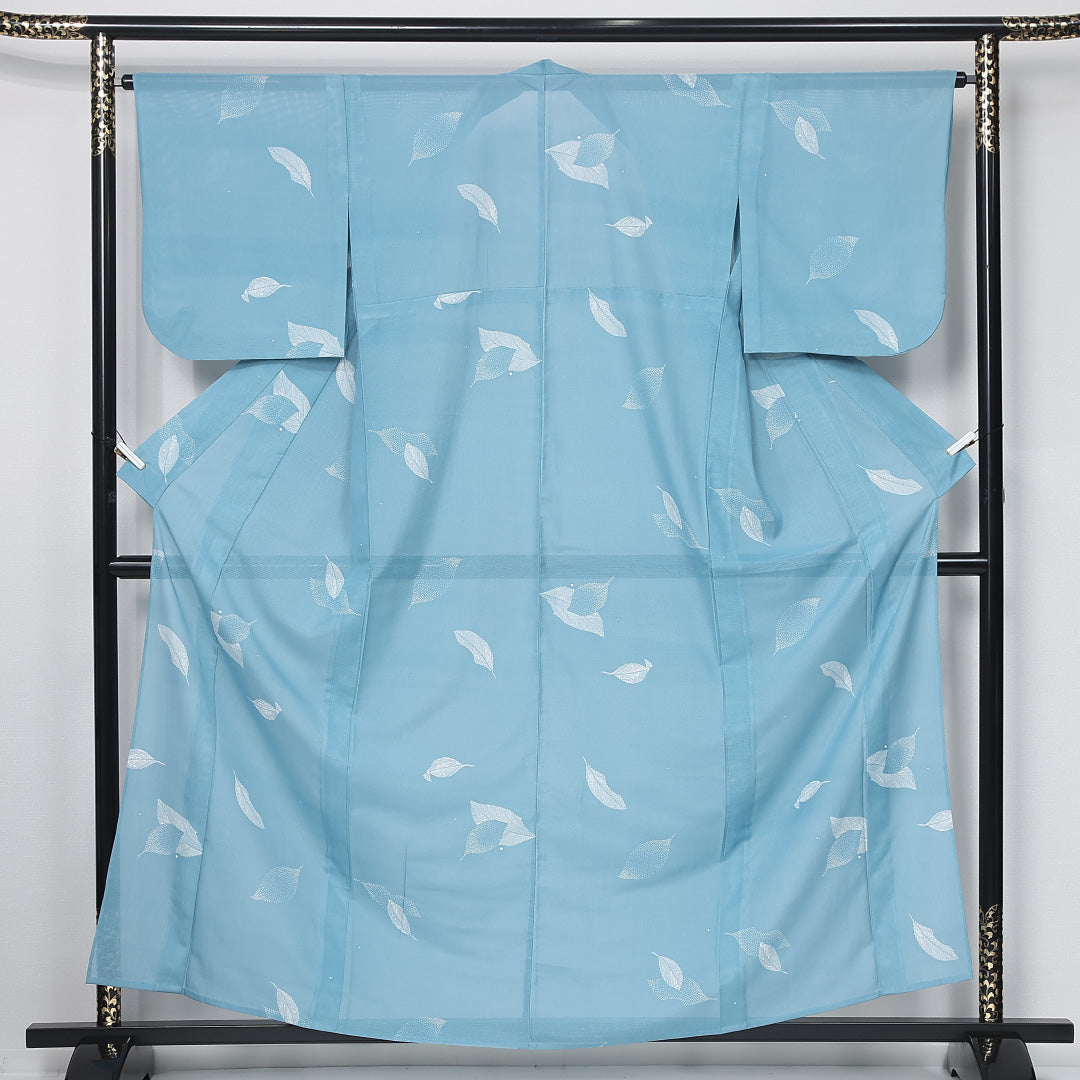 夏物 小紋 身丈159cm 裄丈65cm Sランク M 正絹 絽 バチ衿 植物柄 カジュアル 水色系 1215-12042
