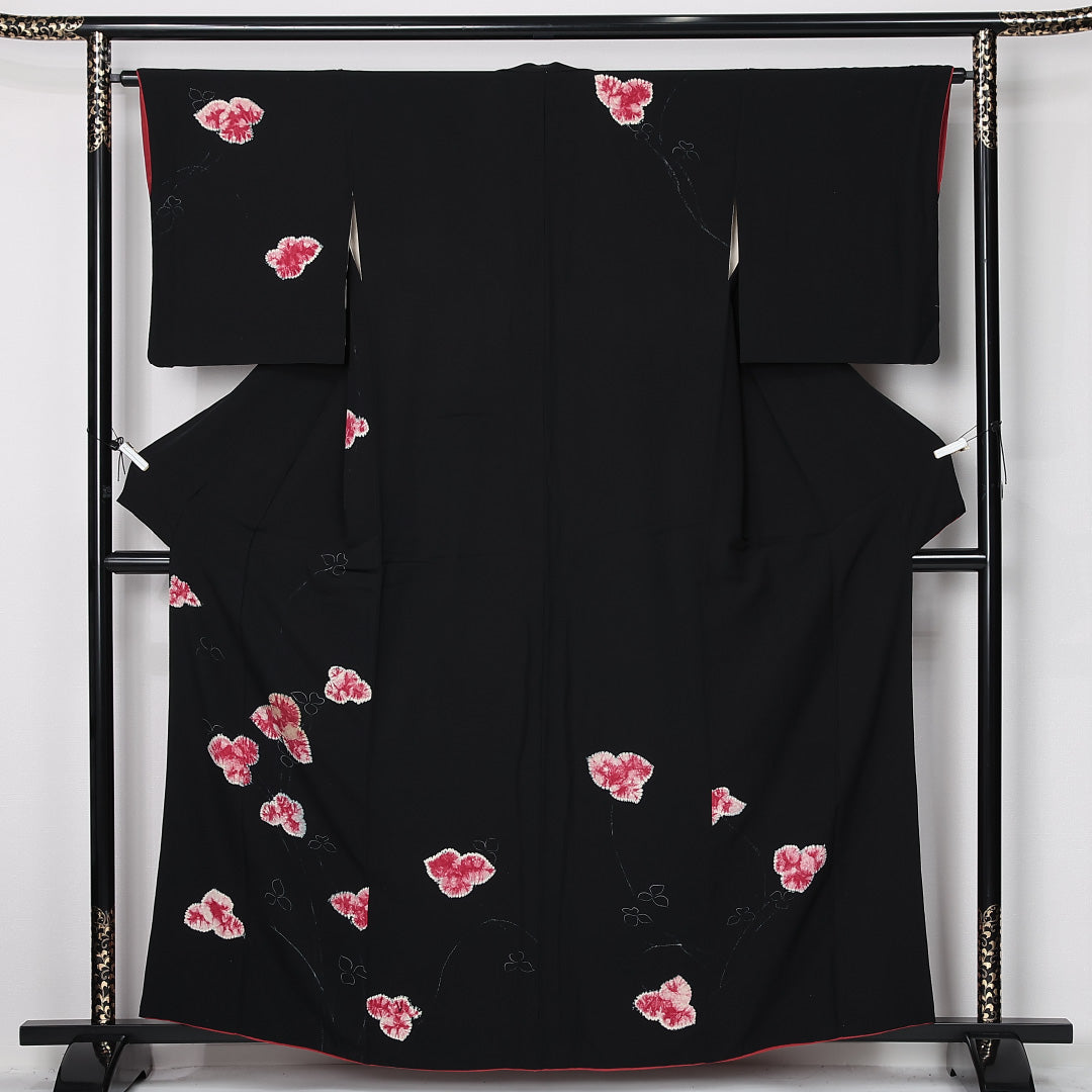 アンティーク 付下げ 身丈158cm 裄丈62cm Aランク M 正絹 袷 広衿 レトロ 紫陽花 黒系 1261-12504