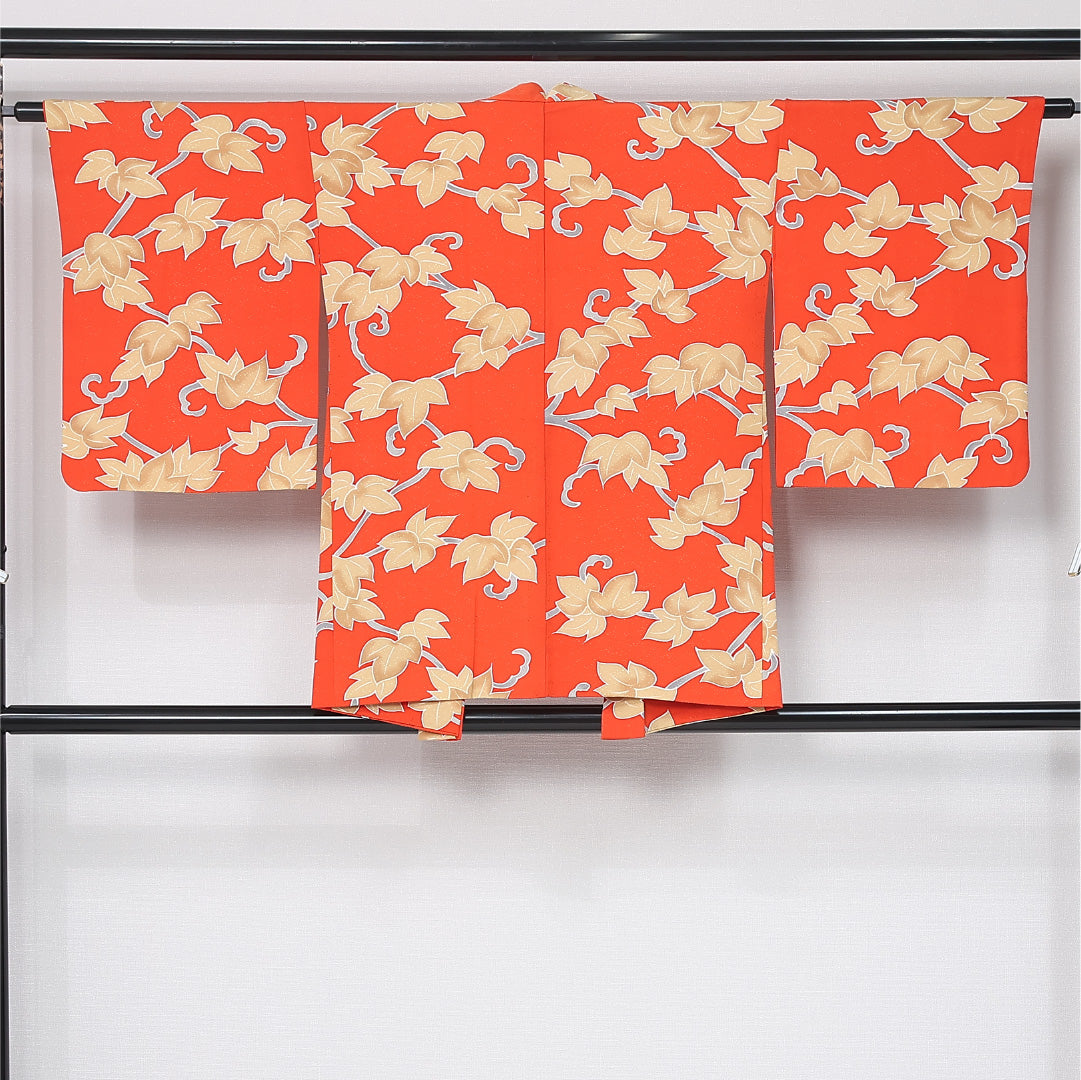 羽織 袷 身丈78cm 裄丈62cm 正絹 Sランク カジュアル Sサイズ 紐あり 唐草 アイビー 朱系 RP 1232-12109