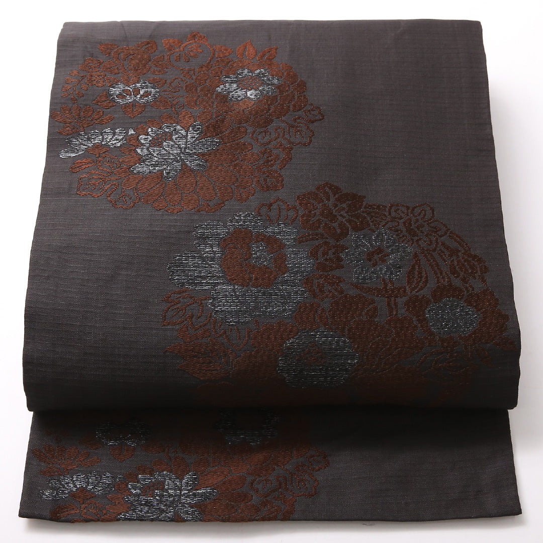 夏物 喪服帯 九寸 名古屋帯 帯丈338cm 名古屋仕立て ポイント柄 Aランク 喪服帯 正絹 絽 菊 シック 厳か 黒系 1224-03132