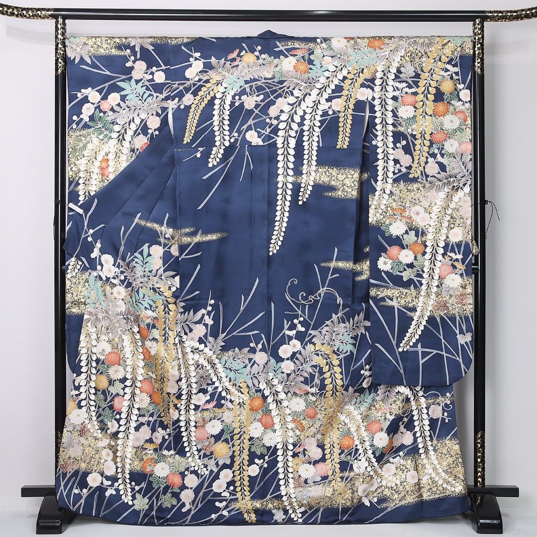 振袖 身丈169cm 裄丈68.5cm Sランク 正絹 袷 広衿 XL 金駒刺繍 菊 フォーマル 古典的 華やか 紺系 1213-F0502