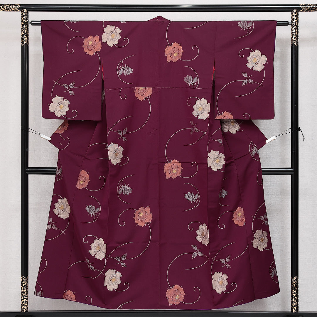 アンティーク お召 袷 身丈151cm 裄丈60cm 正絹 Aランク バチ衿 Sサイズ 薔薇 紫系 RP 1222-14234