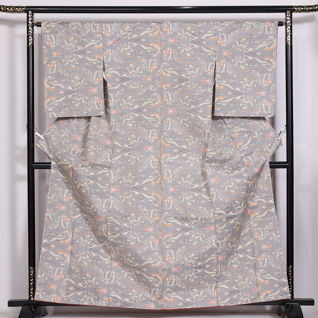 大島紬 袷 身丈162cm 裄64.5cm 正絹 創作 グレー系 Aランク 1216-01474