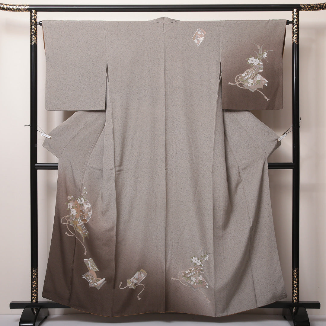 訪問着 袷 身丈159cm 裄丈63cm 正絹 Bランク セミフォーマル 広衿 Mサイズ ぼかし染 組紐 牡丹 茶系 RP 1217-04573