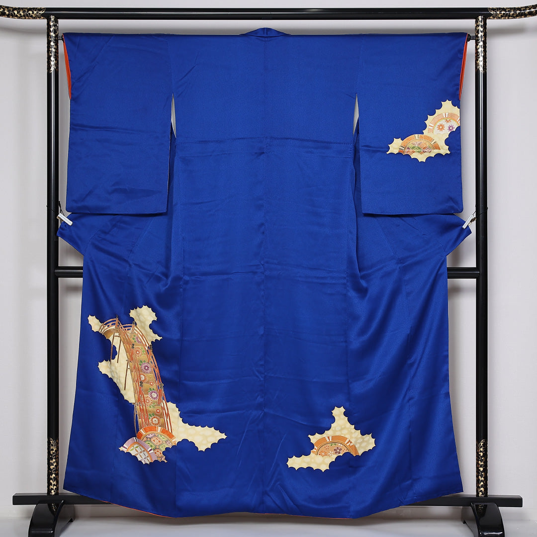 訪問着 袷 身丈161cm 裄丈65cm 正絹 Sランク セミフォーマル 広衿 Lサイズ やまと 橋 吉祥文様 青系 RP 1217-04777
