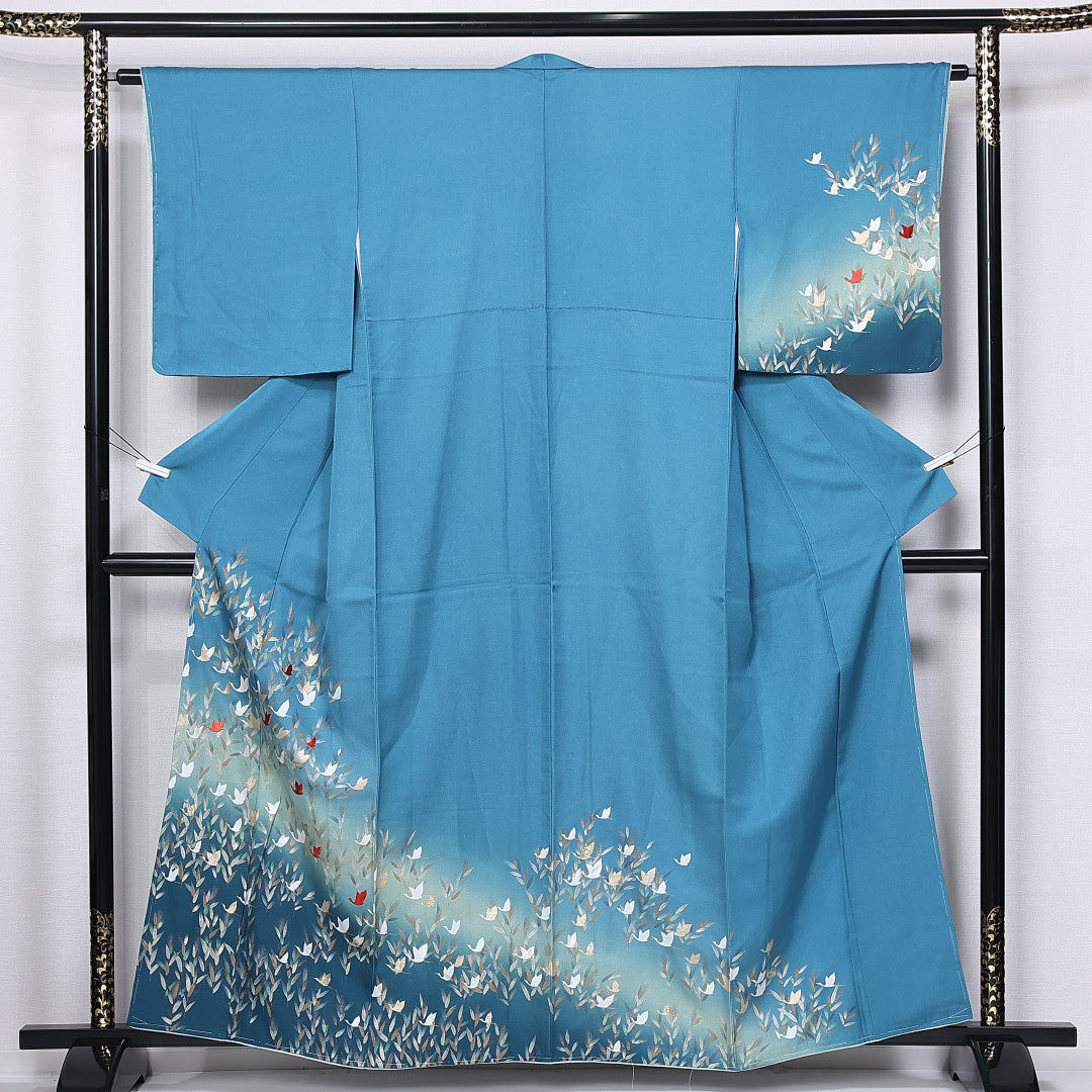訪問着 袷 身丈153cm 裄丈62cm 正絹 Sランク セミフォーマル 広衿 Sサイズ ぼかし 金箔 刺繍 鶴 華やか 存在感 水色系 RP 1217-11200