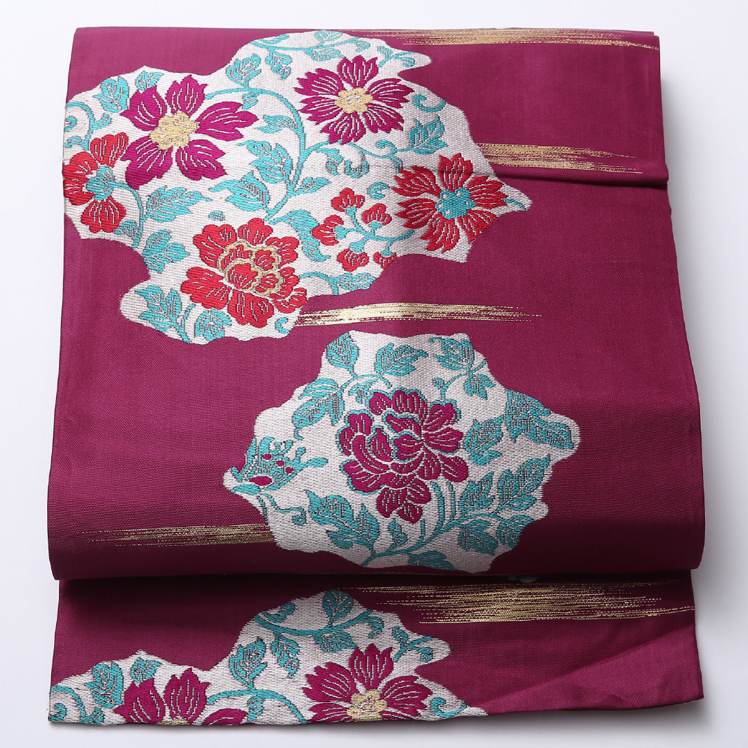 アンティーク 九寸名古屋帯 Bランク 帯丈330cm 正絹 六通 名古屋仕立て 織り 唐草牡丹 紫系 M4 1245-02474