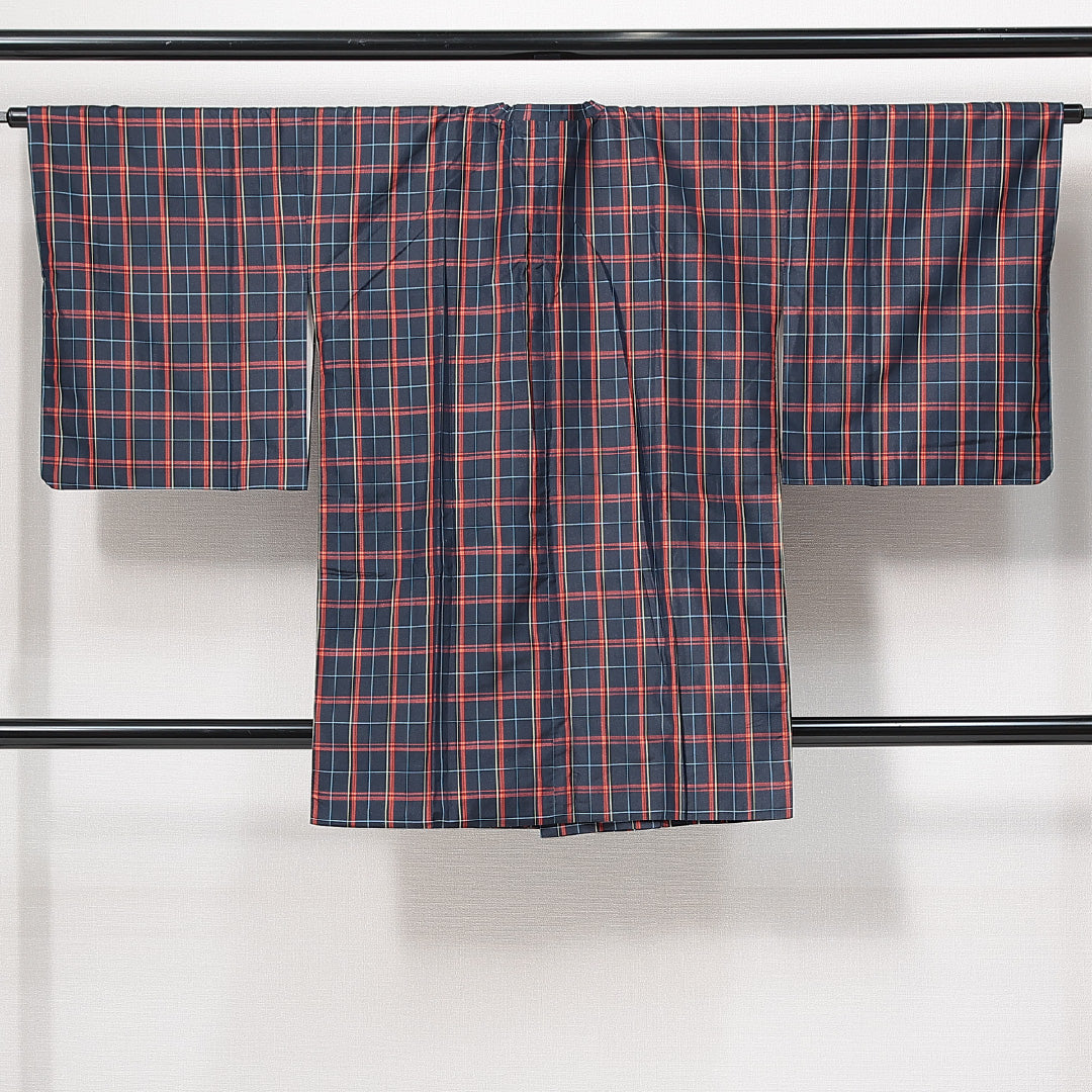 道行コート 袷 身丈90cm 裄丈65cm 正絹 Sランク セミフォーマル Mサイズ ポケットあり 格子 紺系 RP 1237-14688