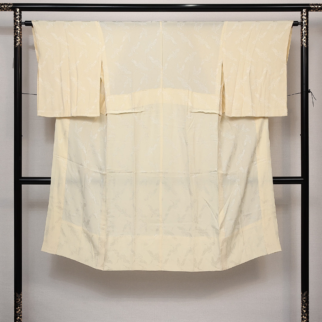 長襦袢 無双袖 身丈124cm 裄丈62cm 正絹 Bランク 紋意匠 (鶴) Mサイズ 居敷当て クリーム系 HP 1239-14050