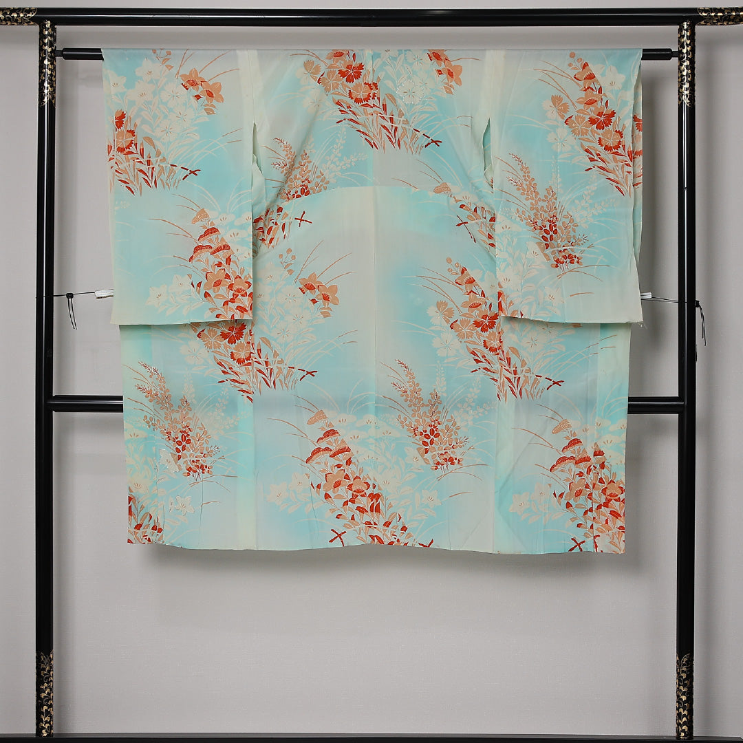 アンティーク 振袖用 長襦袢 無双袖 身丈119cm 裄丈60cm 正絹 Aランク XSサイズ 銀駒刺繍 桔梗 水色系 M4 1240-12678