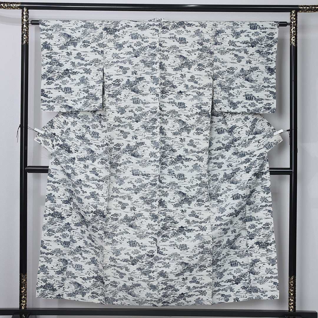 小紋 身丈154cm 裄丈62cm Sランク S 正絹 単衣 広衿 茶屋辻 カジュアル 白系 1215-12223