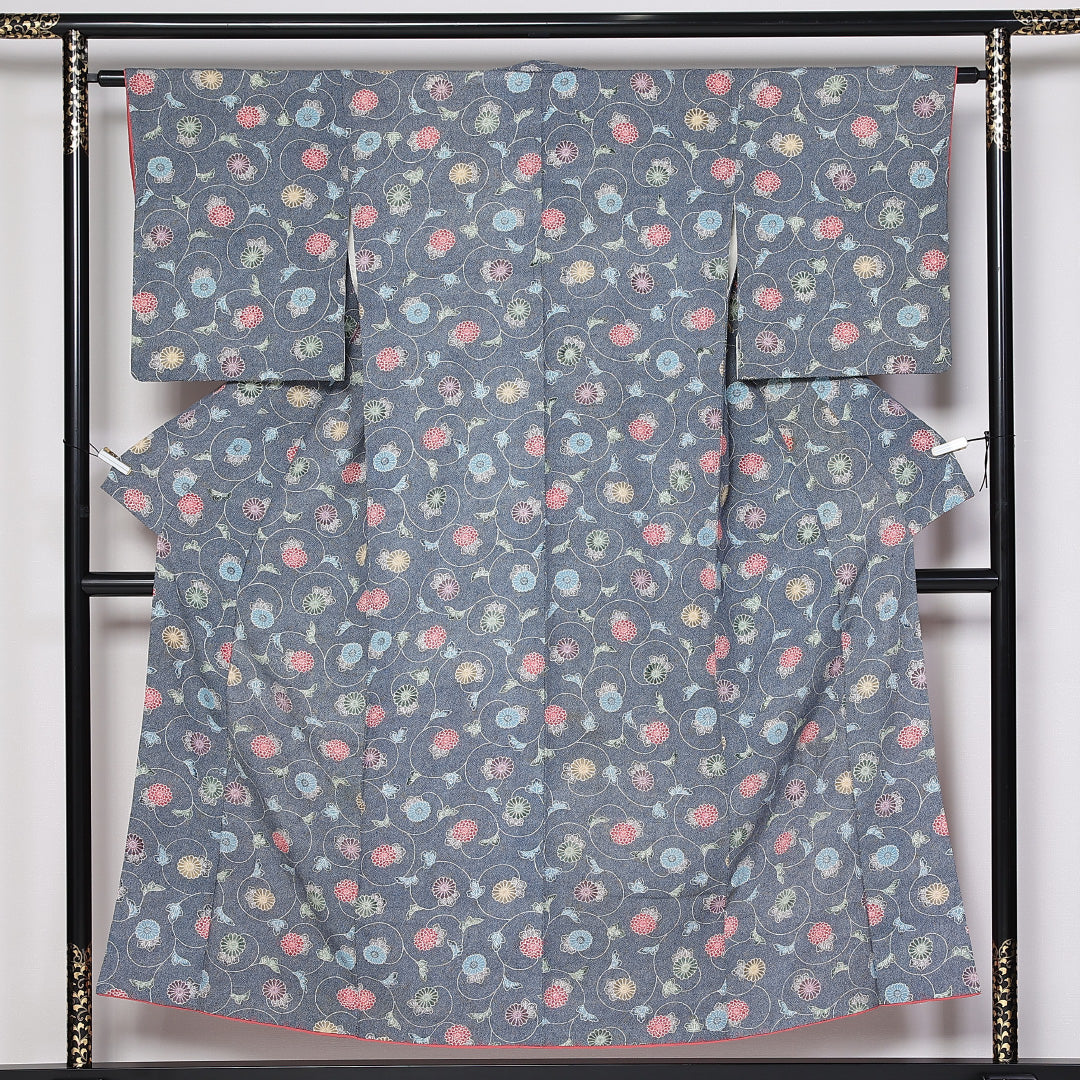 小紋 袷 身丈151cm 裄62cm 正絹 鮫 唐草 菊 青系 Cランク 1215-02439