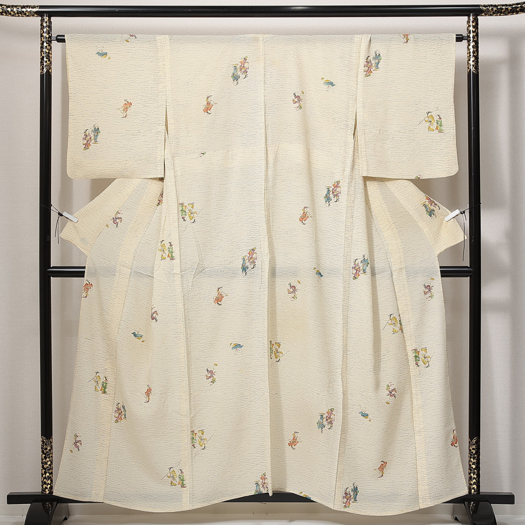 小紋 夏物 絽 身丈156cm 裄丈64cm 正絹 Cランク Mサイズ 広衿 インフォーマル 人物 ベージュ系 1215-14937