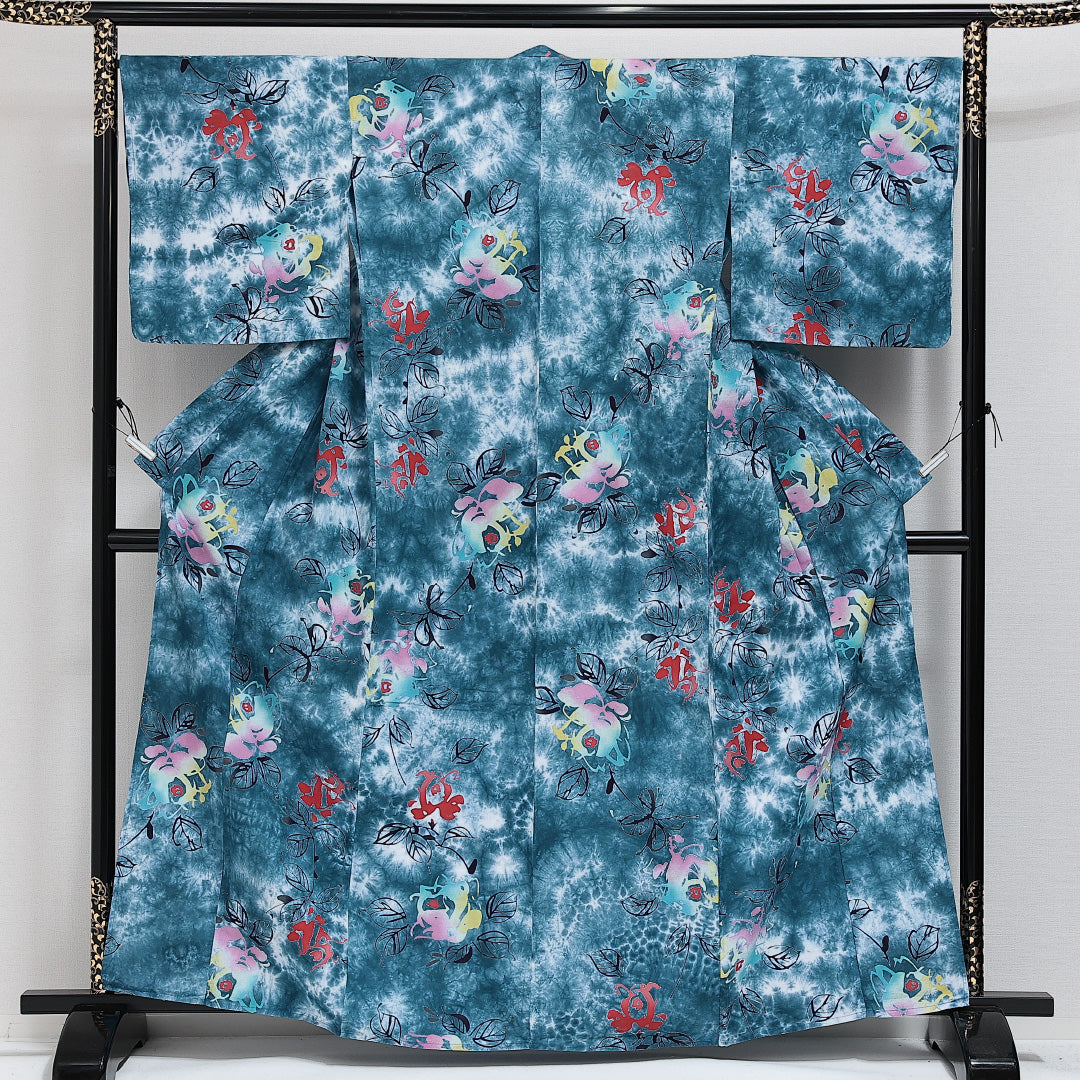 浴衣 夏物 洗える着物 身丈159cm 裄丈65cm Aランク 木綿 バチ衿 Mサイズ カジュアル 花柄 モダン 華やか 青系 緑系 1218-14276