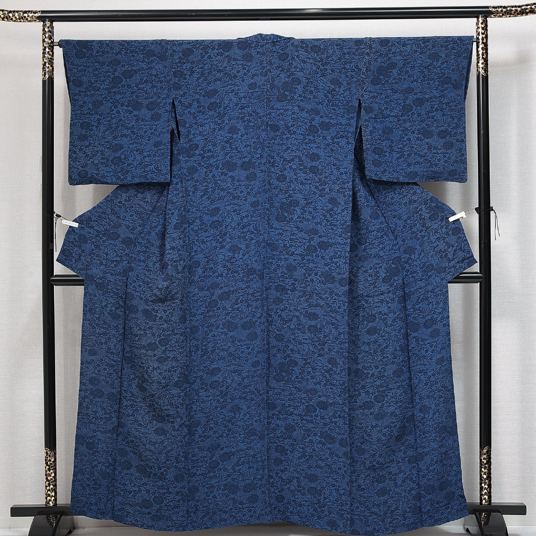 小紋 洗える着物 単衣 身丈160cm 裄丈64cm ポリエステル Cランク Lサイズ 広衿 インフォーマル 古典柄 青系 1215-14803