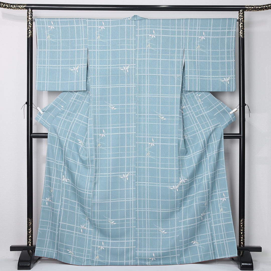 洗える着物 小紋 袷 身丈167cm 裄丈65cm ポリエステル Sランク インフォーマル 広衿 XLサイズ 格子 笹 水色系 RP 1221-12392