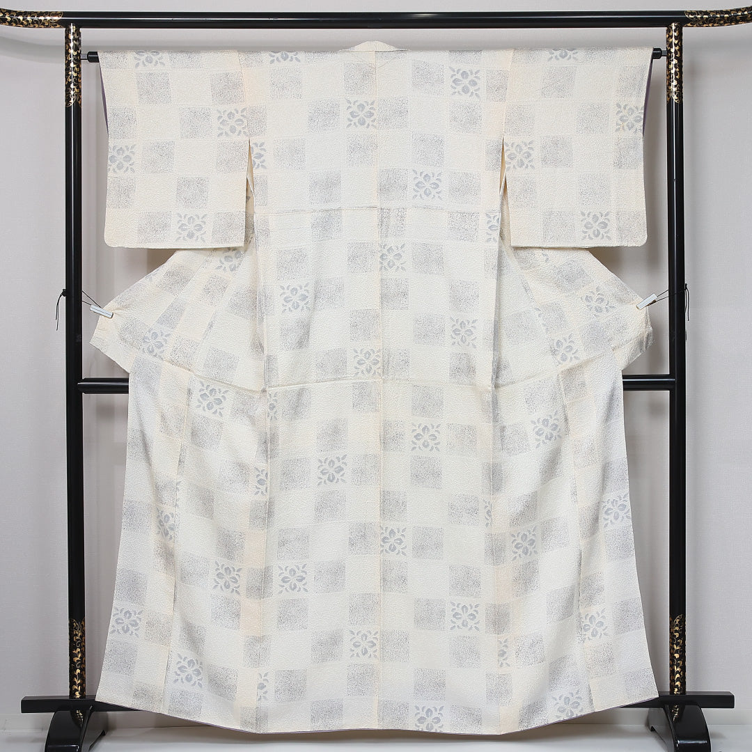 小紋 身丈161cm 裄丈63.5cm Cランク L 正絹 袷 広衿 ふくれ織 市松 カジュアル クリーム系 1215-12057