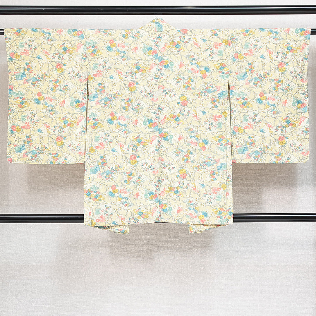 未使用品 羽織 袷 身丈82cm 裄丈62cm 正絹 Nランク カジュアル Sサイズ 紐あり しつけ糸 色紙 梅 クリーム系 RP 1232-14738