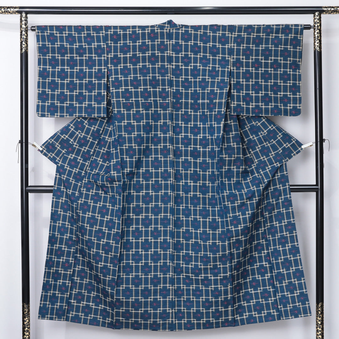 紬 単衣 身丈150cm 裄丈63cm 正絹 Sランク カジュアル 広衿 Sサイズ 燕 青系 RP 1223-12345