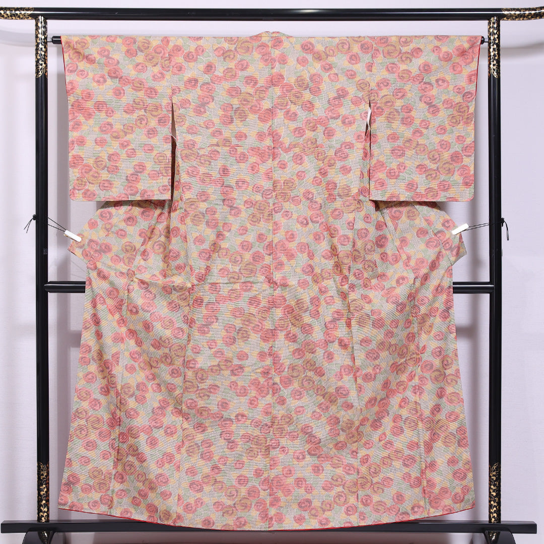 大島紬 袷 身丈155cm 裄丈63cm 正絹 Sランク インフォーマル バチ衿 Mサイズ 薔薇 ピンク系 M4 1223-11596