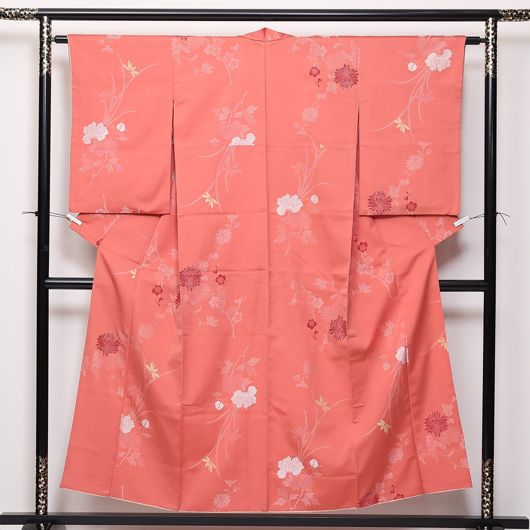 アンティーク 袷 身丈152cm 裄62cm 正絹 お召 梅 菊 ピンク系 Cランク 1216-01350