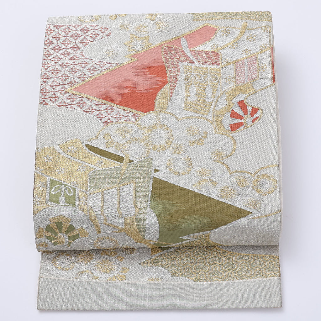 アンティーク 袋帯】 袋帯 御所車 六通 フォーマル クリーム系 正絹 A  