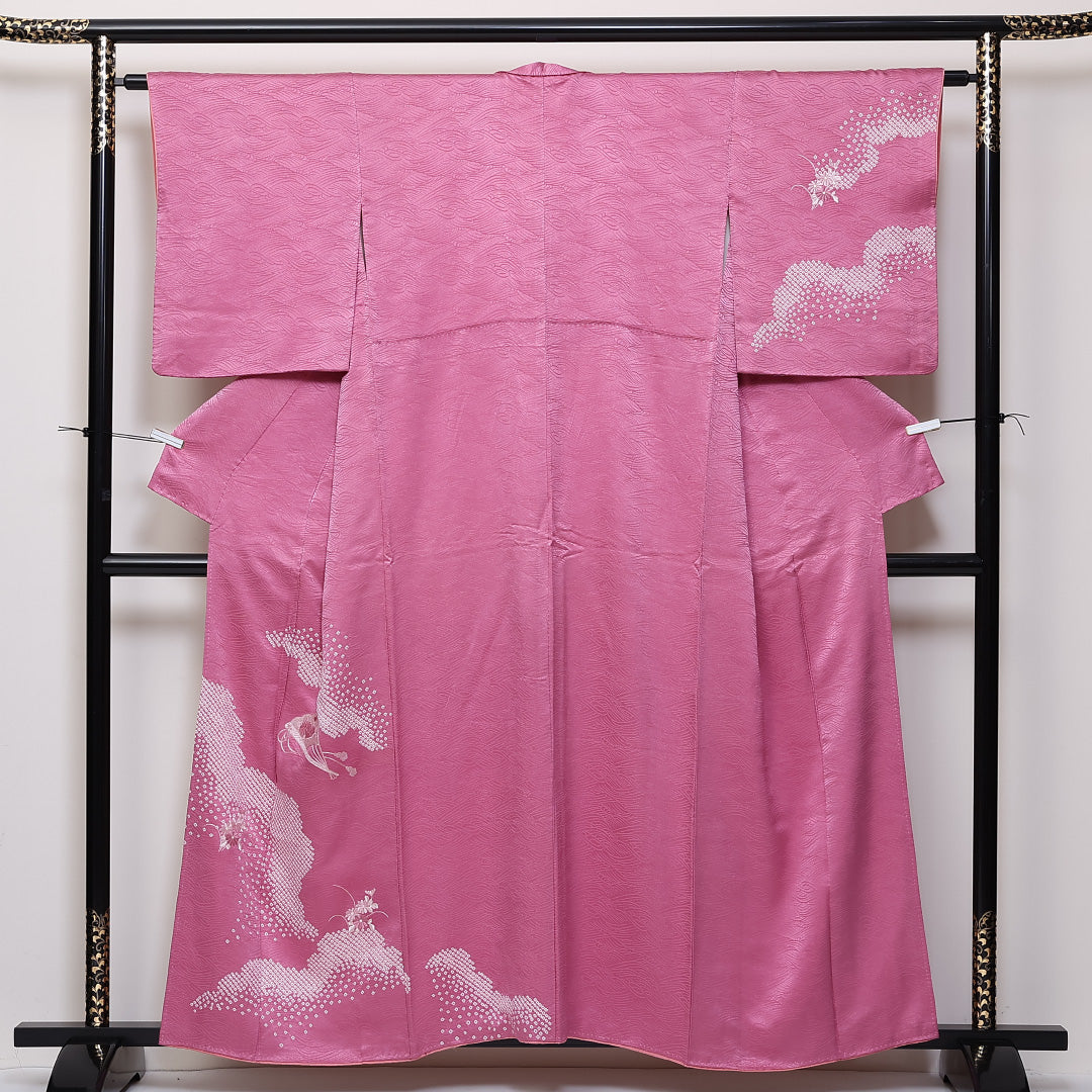 訪問着 袷 身丈156cm 裄64cm 正絹 扇子 部分絞り 菊 刺繍 Aランク 1212-00718