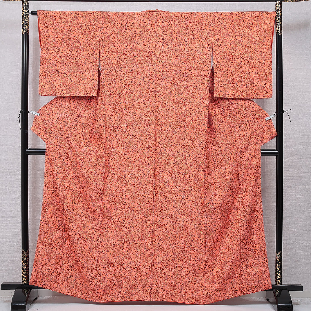 小紋 袷 身丈164cm 裄丈64cm 正絹 Sランク インフォーマル 広衿 Lサイズ 唐菊 朱系 RP 1221-15731