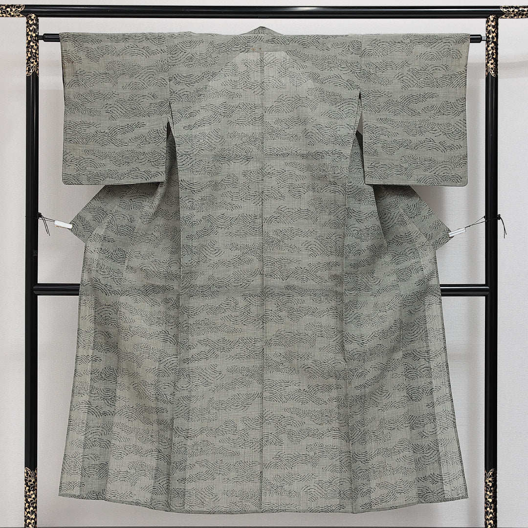 アンティーク 紬 夏物 洗える着物 身丈150cm 裄丈59cm Cランク 麻 バチ衿 Sサイズ 創作柄 上布 素朴 淡い 緑系 グレー系 1216-14279