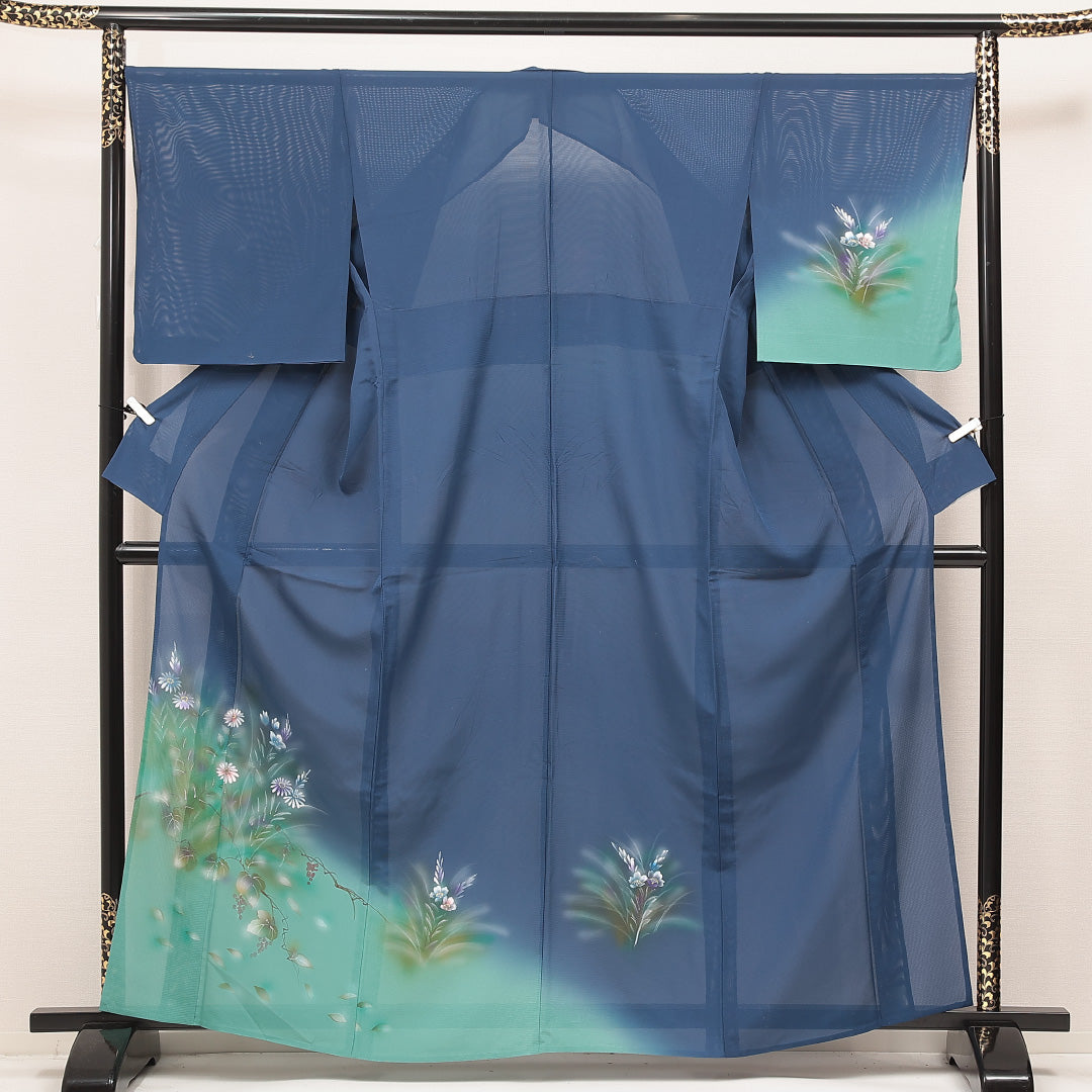 付下げ 青系 正絹 絽 菊 1218-17132 背面全体